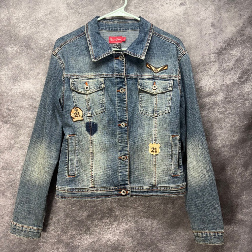 Y2K Southpole Denim Jacket Women's Size L Patches Jean Trucker Distressed